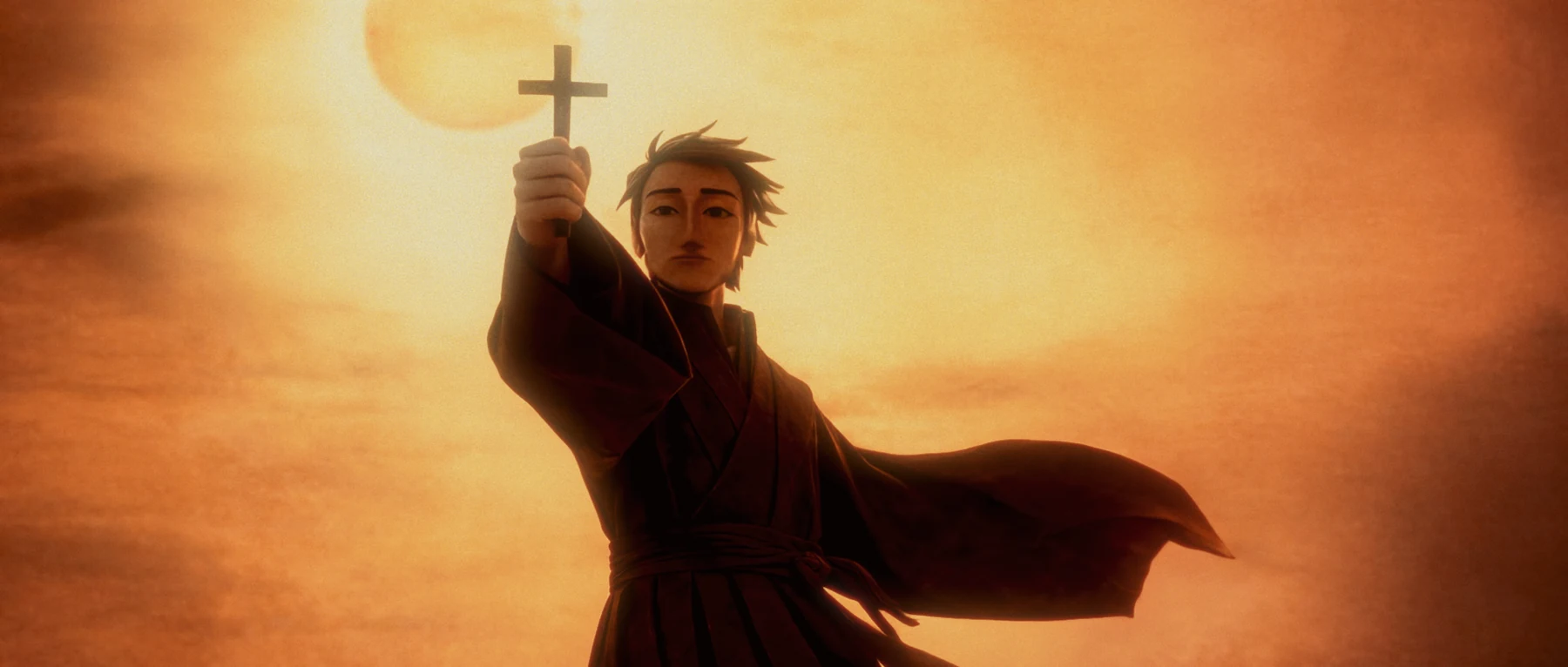 A missionary raising a cross against the sun