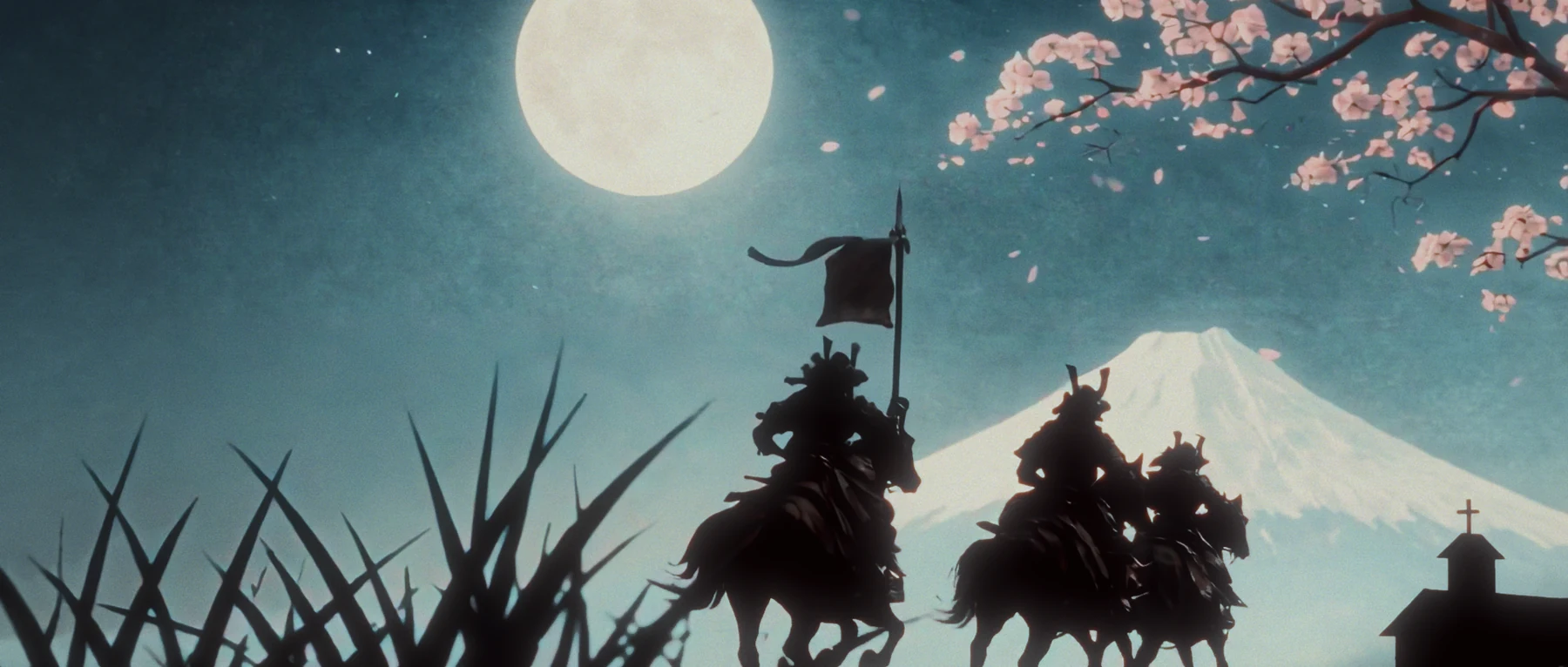 Mounted samurai beneath a moon and blossom tree