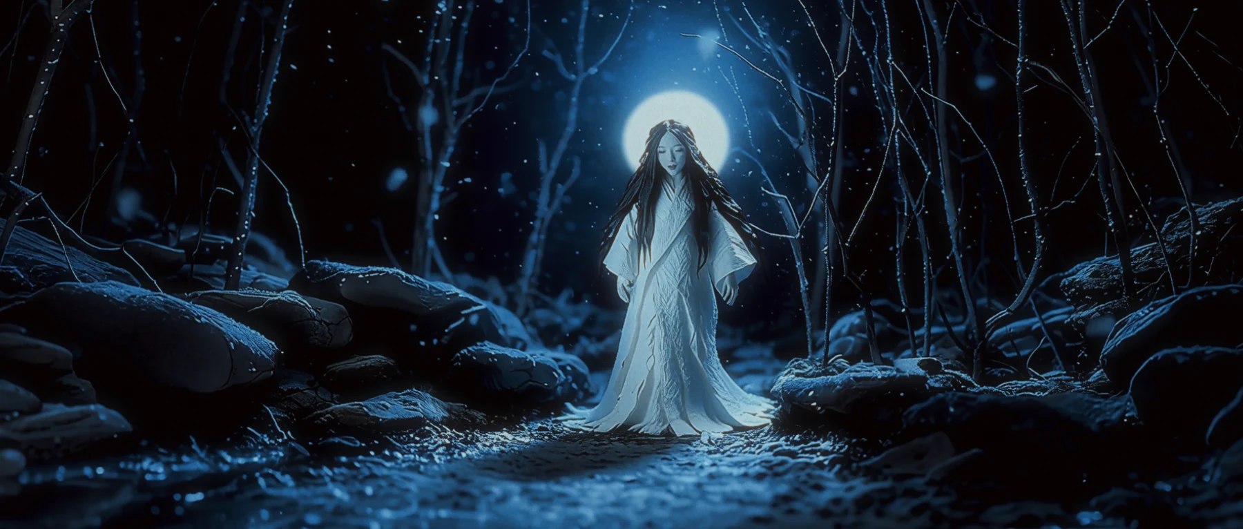 A woman in white standing in a moonlit winter forest