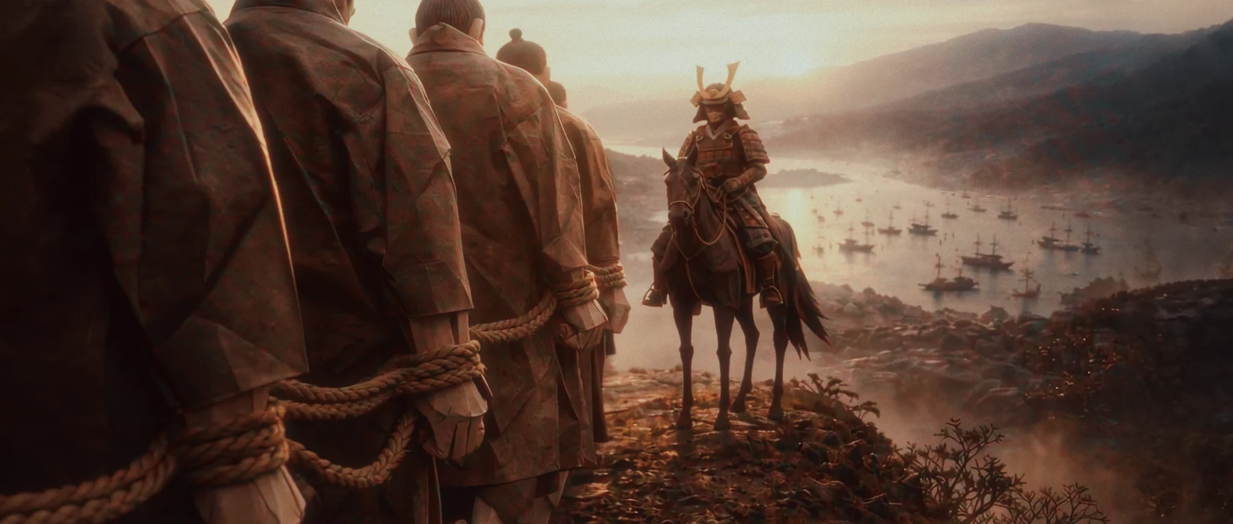 Bound prisoners face a mounted guard above Nagasaki harbour