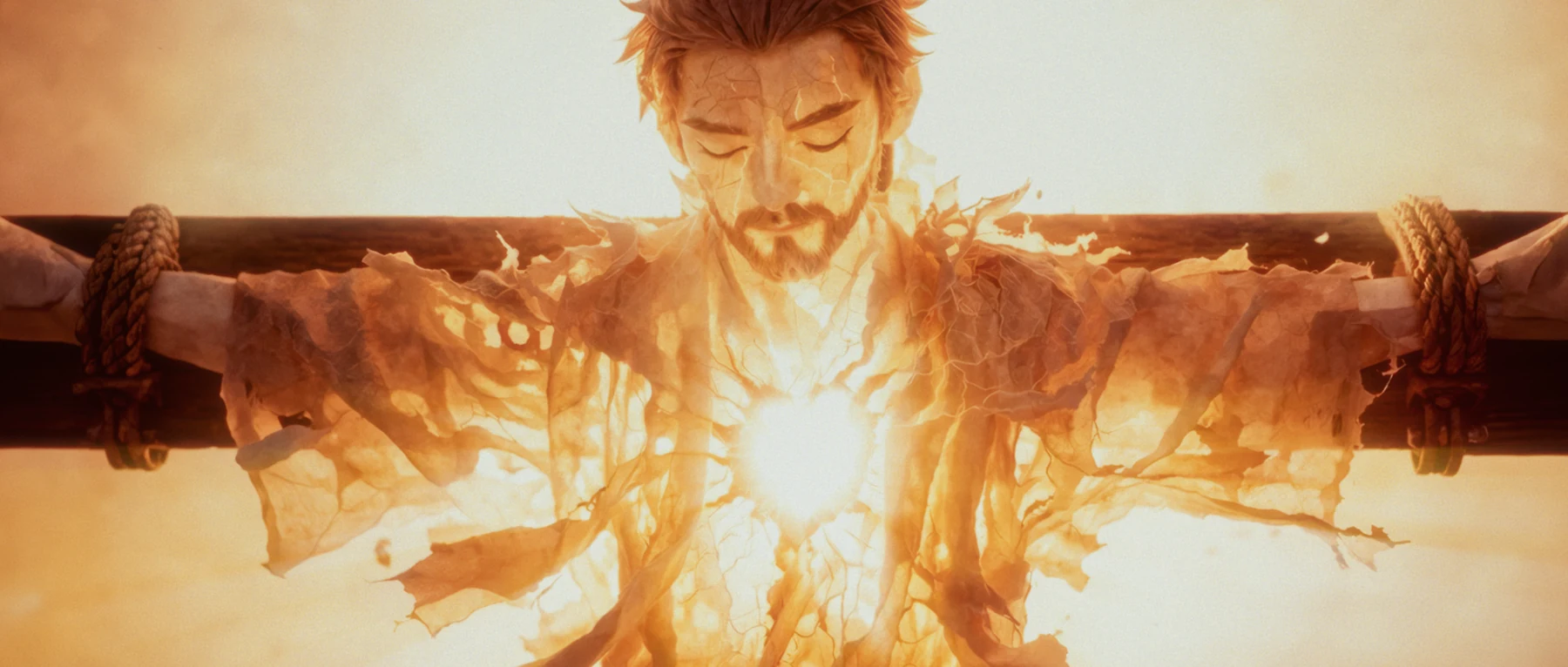 A paper figure shines with light while bound to a cross